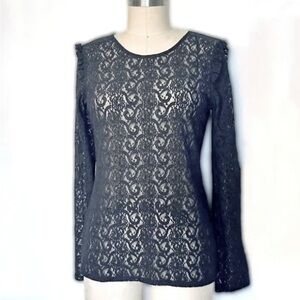 Elegant Lace Long Sleeve Top - Black Sheer Lace Blouse Womens Medium